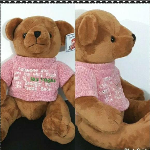 Vtg 10" Bear T Design Vegas Bear toy Stuffed Animal Animal tag's pink sweater - Picture 8 of 11